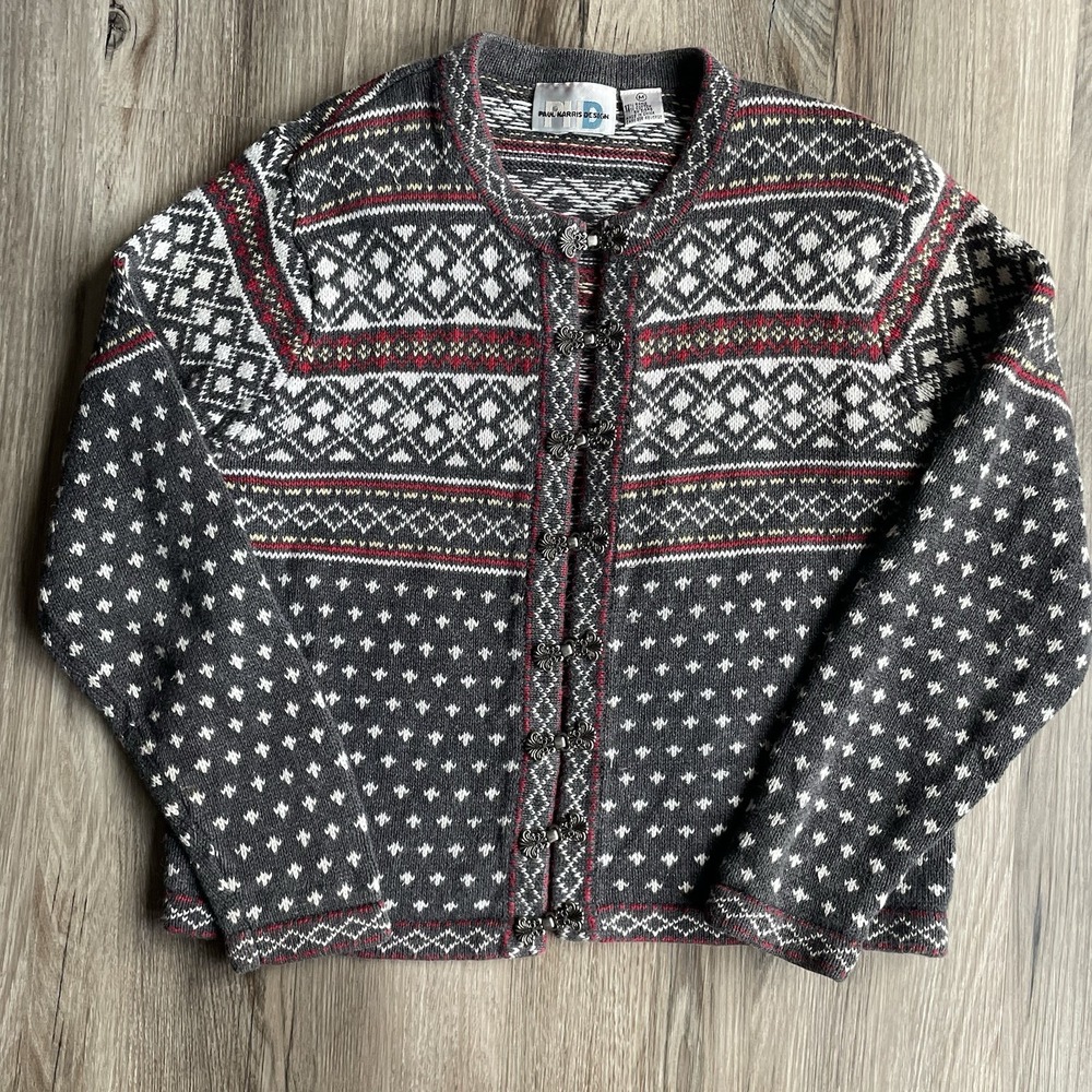 Classic Nordic-Pattern Gray & Red Cardigan Sweater